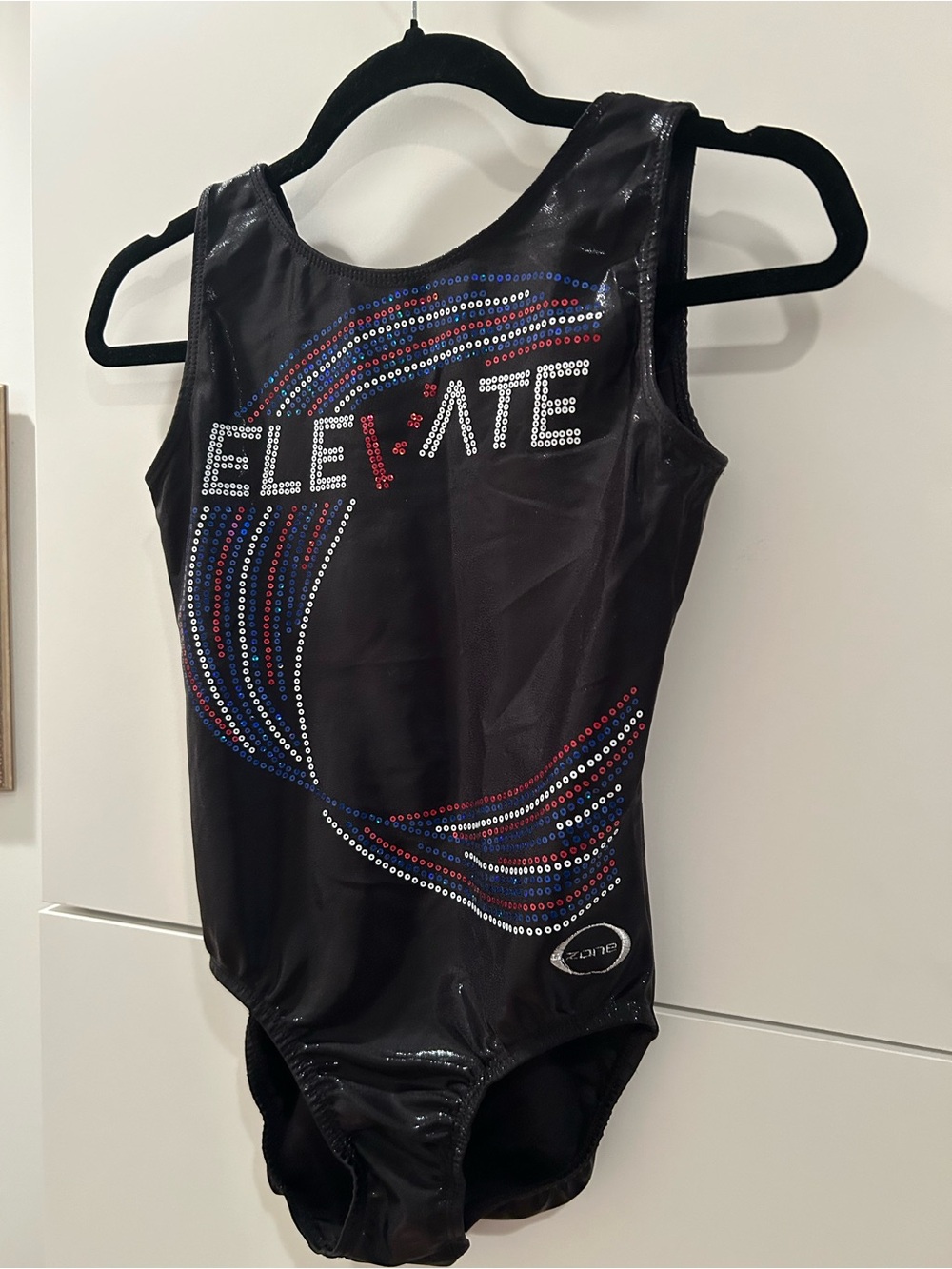 Zone Black Sequin Gymnastics Leotard with Red, White and Blue Design - AM